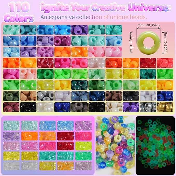6 Boxes Bracelet Making Kit Pony Beads, 4400Pcs 110 Colors Jewelry Making Supplies for Friendship Bracelets, DIY Crafts with Elastic Cords, Gifts for Girls
