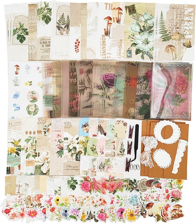 Esweny 251PCS Vintage Scrapbook Supplies Pack, Scrapbooking Paper and Stickers Ephemera Bundle Junk Journal Kit for Art Aesthetic Journaling Collage Decoupage Craft (Mountain and Fields)