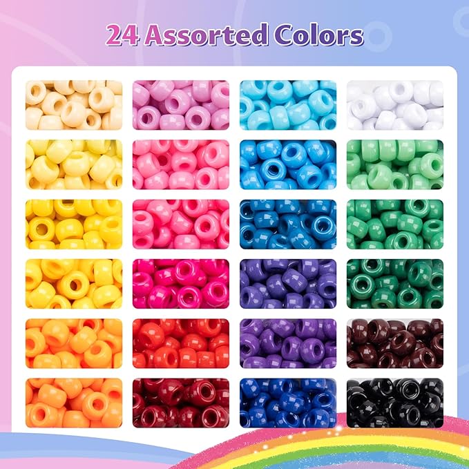 Simetufy 1200Pcs Pony Beads, 24 Colors Kandi Beads for Bracelet Making Hair Braiding DIY Crafts Kandi Jewelry Key Chains Christmas Gifts