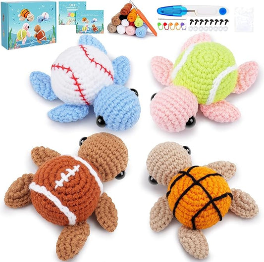 Fortuning's JDS Crochet Kit for Beginners -4 PCS Turtle Crochet Kit with Step-by-Step Video Tutorials, Beginner Crochet Kits for Adults, Animal Crochet Turtle Ball Games Set