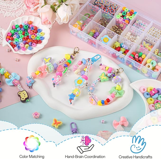 Ecoofor 487 PCS Beaded Keychain Making Kit, Acrylic Letter Beads with Heart, Star & Flower Charms for DIY Jewelry, Bag Accessories & Crafts for Women