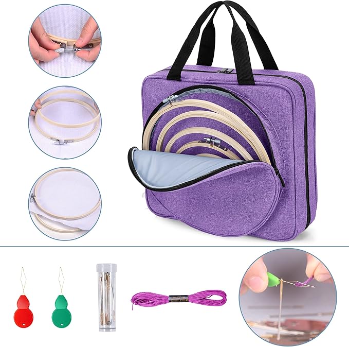LoDrid Embroidery Kit, Embroidery Project Bag with Embroidery Kit, Portable Craft Carry Case with Starter Kit, Embroidery Supplies Storage Bag and Cross Stitch Kits for Beginner, Adults, Purple