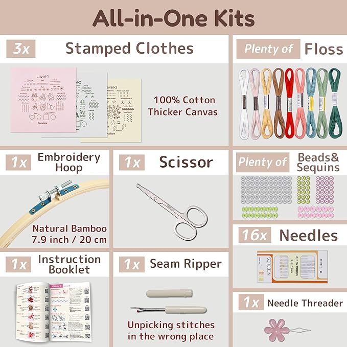 bradove beginner embroidery kit for adults kids, learn to embroider 37 stitches and 13 cute patterns, stitches kit, bead embroidery kit, beginner embroidery practice