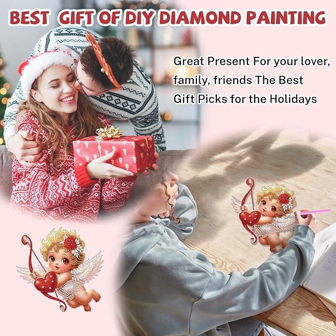 Bowetile Valentine's Day Diamond Art Hanging Kits for Adults, Diamond Art Suncatchers Cupid, 5D Special Shape Diamond Painting Love Pendant Window Ornament Gifts for Home Door Wall Decor