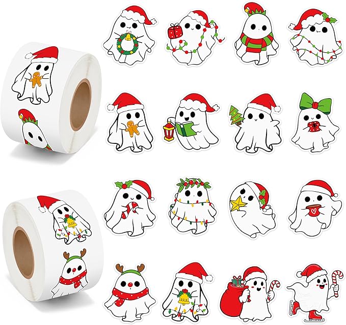 beyumi christmas cute ghost stickers - 1000pcs christmas cute ghost rolled stickers in 2 rolls xmas red santa hat boo adhesive waterproof vinyl decals holiday party school envelope scrapbooking decor