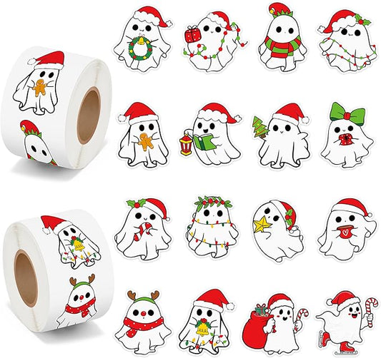 beyumi christmas cute ghost stickers - 1000pcs christmas cute ghost rolled stickers in 2 rolls xmas red santa hat boo adhesive waterproof vinyl decals holiday party school envelope scrapbooking decor
