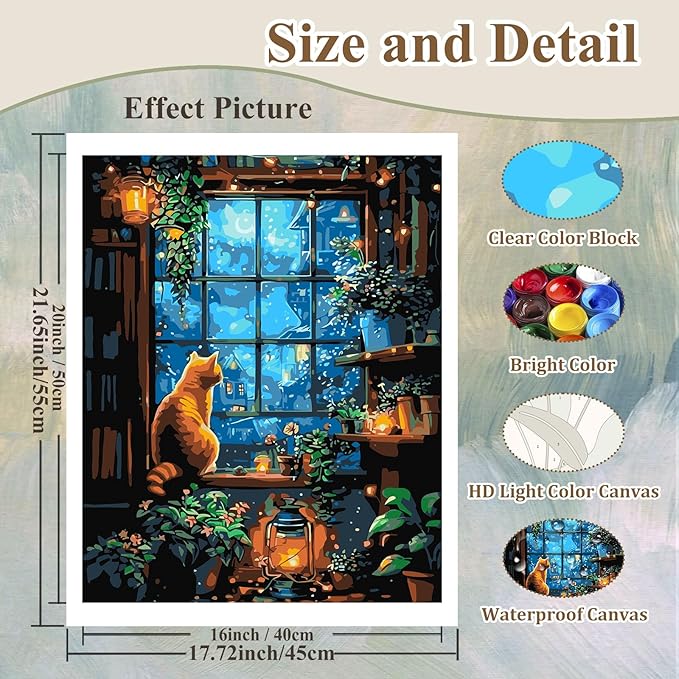 HMZephitiquc Night Paint by Numbers Kit for Adults Beginners, Adult Paint by Number Cat, Night Painting by Numbers for Adults, Easy Oil DIY Craft Home Wall Decor 16x20 in