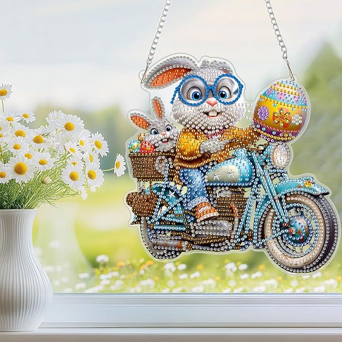 NEWENMO Diamond Art Hanging Kit for Adult, Playful Bunny, DIY Double Sided Acrylic Special Shaped Diamond Art Painting Window Pendant Happy Easter Bunny, Home Garden Wall Hanging Ornament Kits