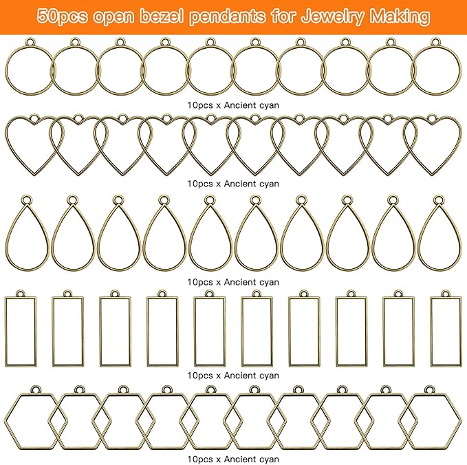 50pcs Open Bezels for Resin,5 Styles Hollow Frame Pendants Resin Casting Frame Pendant Resins Jewelry Making Supplies for Resins Casting,Necklace,Earrings,Pressed Flower,DIY Crafts(Ancient Cyan)