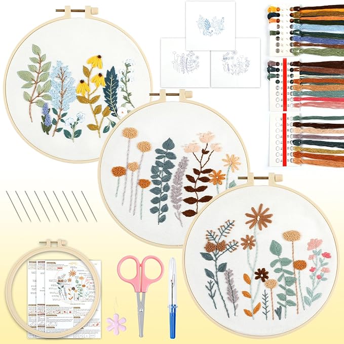 htvront embroidery kit for beginners- 3 pcs needlepoint kits for adults with step by step video, flower beginner embroidery kit for adults, pre-printed patterns for gift for women