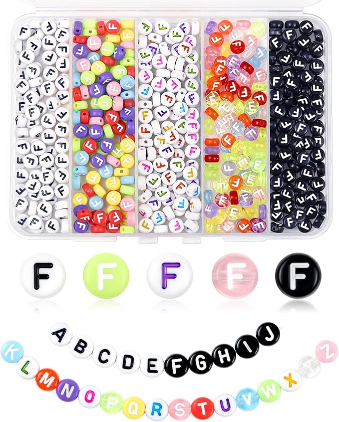 500PCS FIVEIZERO Letter F Beads, 4x7mm Colored Round Letter Beads, Acrylic Assorted Alphabet Beads for Friendship Bracelet Making and DIY Crafts