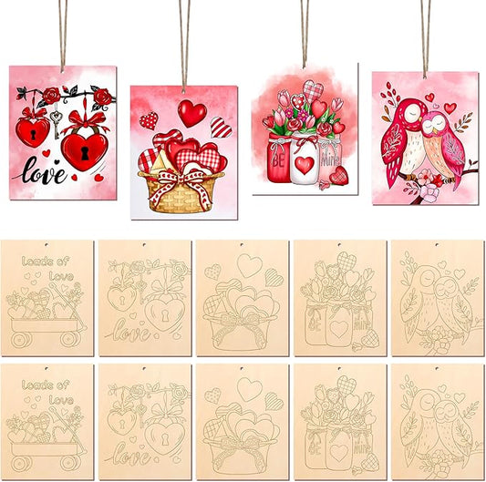 COCHIE 10 Pieces Large Valentines Day Unfinished Wood Crafts to Paint for Adults, Bulk Predrilled Wooden Ornaments for Painting, Heart Pattern Paintable Wood Slices Craft Supplies with Ropes