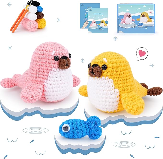 fortuning's jds crochet kit for beginners - seal crochet kits with step-by-step video tutorials, beginner crochet kit for adults, crochet animal kit, 2 pcs seals with a fish crocheting set