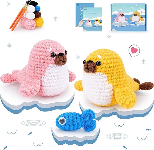 fortuning's jds crochet kit for beginners - seal crochet kits with step-by-step video tutorials, beginner crochet kit for adults, crochet animal kit, 2 pcs seals with a fish crocheting set
