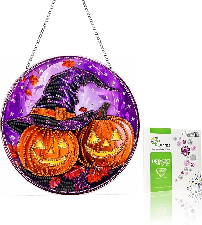 VAIIEYO Halloween Diamond Art Hanging Ornament, Pumpkin Diamond Painting Suncatchers Window Hanging Kit with Chain, 7.5x7.5 inch Crystal Pendant Art Craft for Gift Home Wall Front Door Decoration