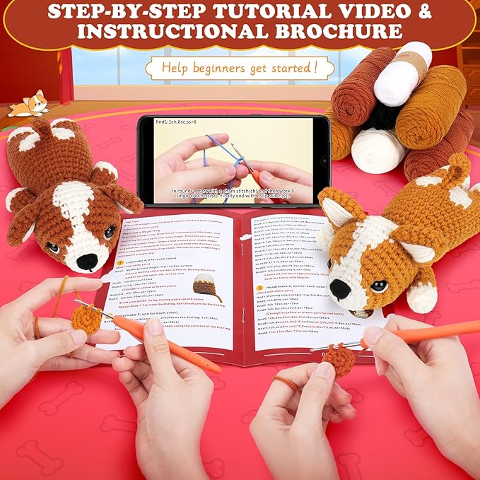 fortuning's jds crochet kit for beginners - 2 pcs corgi crochet kits with step-by-step video tutorials, beginner crochet kit for adults, crochet animal kit, dog knitting kit gifts valentine's day