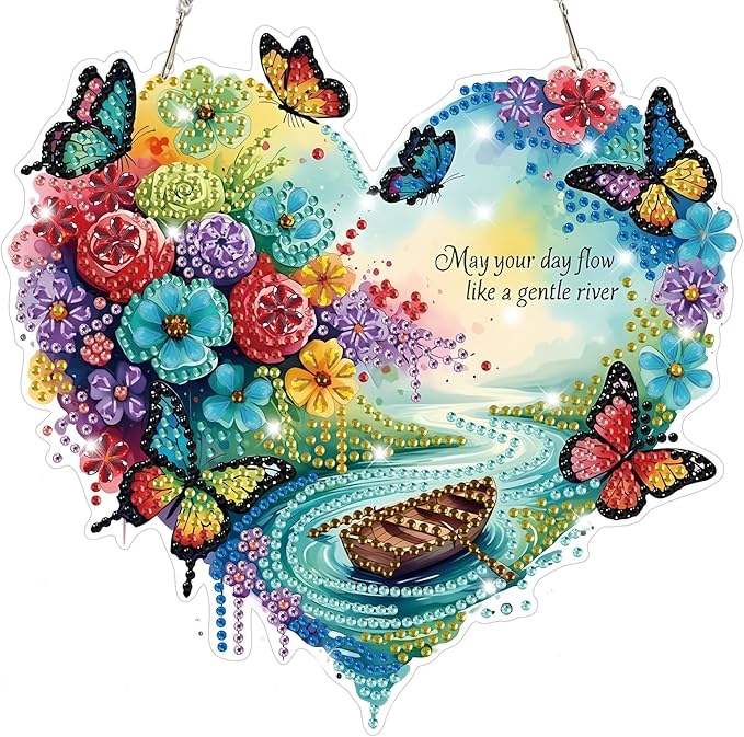 Bowetile Heart-Shaped Flower Diamond Art Hanging Kits for Adults, Diamond Art Suncatchers Butterfly, 5D Special Shape Diamond Painting Pendant Window Ornament Gifts for Home Wall Garden Decor
