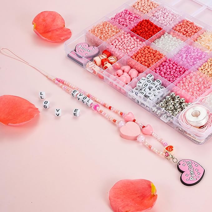 24 Grids Pink Colored Glass Seed Beads Kit for DIY Jewelry Making - Handmade Craft for Friendship Bracelet Necklace, with Heart Pendant, Letter Beads and Elastic line