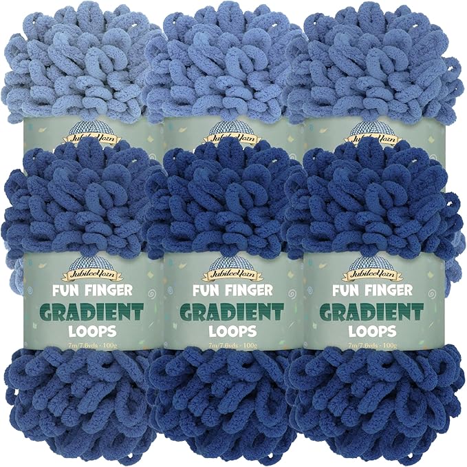 JubileeYarn Fun Finger Gradient Loops Yarn - 100g/Skein Jumbo Polyester - Neptune - 6 Skeins (5 Shades)