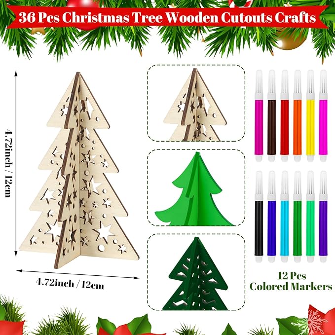 Blosssound 48 Pcs Christmas Craft Set 36 Wood Tree Crafts 3D Christmas Tree Cutouts with 12 Colored Markers Wooden Unfinished Slices to Paint for Xmas Winter DIY Handmade Tiered Tray Decor