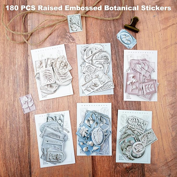 Flower Relief Embossed Stickers – 180pcs Pastel Botanical Plaques, Borderless Peel & Stick, Thick Textured Paper for Scrapbook Journal Planner Collage & Card Making DIY Décor