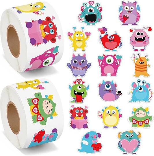 beyumi valentine colorful monster sticker - 1000pcs valentine's day cute monsters stickers in 2 rolls adhesive decorative sticker waterproof decal for greeting card envelope party gift decor for kids