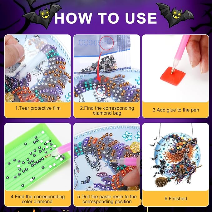 MUNORIAY Diamond Art Hanging Kit for Adult,Special Shaped Rhinestone,5D DIY Acrylic Double Sided Diamond Art Painting Window Pendants,Home Garden Wall Decor Hanging Ornament (Halloween Witch)