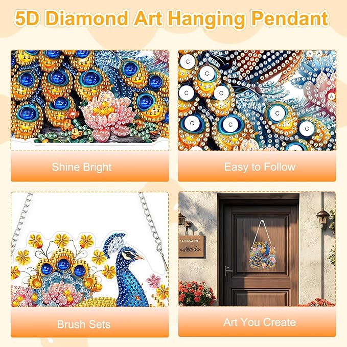 TOSTOG Elegant Peacock Diamond Art Pendant Kit for Adult, Flower Diamond Painting Hanging Kit for Beginners, 5D DIY Crafts Gem Art, Waterproof Full Accessories for Home Decor Idea 20 * 20 cm/8 * 8 in