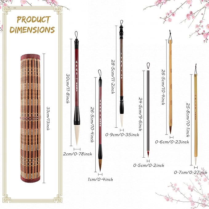 6 Pieces Chinese Calligraphy Brushes Painting Writing Calligraphy Brushes Watercolor Brushes Set Kanji Japanese Sumi Painting Drawing Brushes Kanji Art Brushes with Roll-up Brush Holder