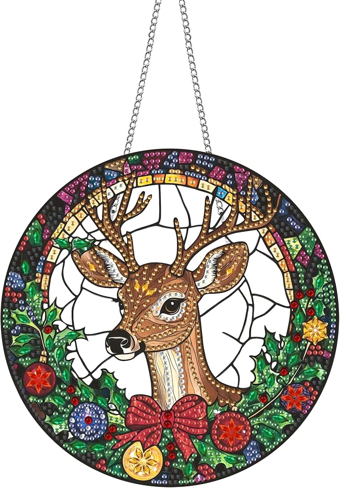 Hanging Diamond Art Kits for Adults Christmas Deer – 8x8 Inch Double-Sided Acrylic Board DIY Crystal Diamond Suncatcher Pendant, Sparkling Home Wall or Window Decoration Handmade Gift
