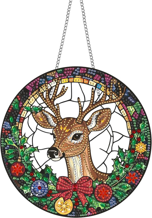 Hanging Diamond Art Kits for Adults Christmas Deer – 8x8 Inch Double-Sided Acrylic Board DIY Crystal Diamond Suncatcher Pendant, Sparkling Home Wall or Window Decoration Handmade Gift
