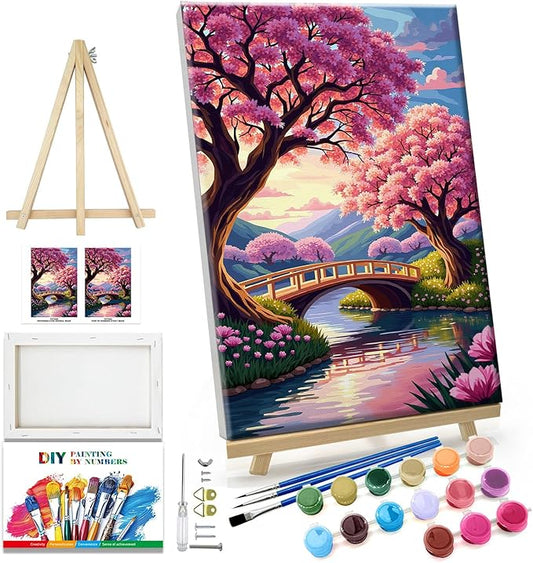 JOOZ Landscape Paint by Numbers Kit for Adults with Frame Sakura Paint by Number with Easel Mountain Adult Paint by Number Kits Framed Canvas F Lowers Oil Painting Kits for Home Wall Decor 8x12 Inch