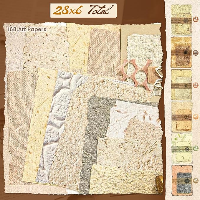 168 Pcs Textured Vintage Scrapbook Paper Kit with Washi Tape & Double Sided Tape, 6 Themes Junk Journal Supplies for Scrapbooking, Card Making, Collage Crafts