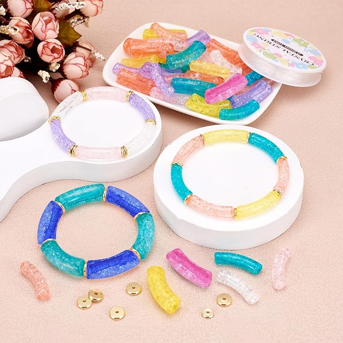 Sparkeads 120PCS Bamboo Tube Bracelet Making Kit for Women Friendship Gift Stacking Bangles Transparent Chunky Curved Acrylic Beads Metal Spacers Elastic Thread