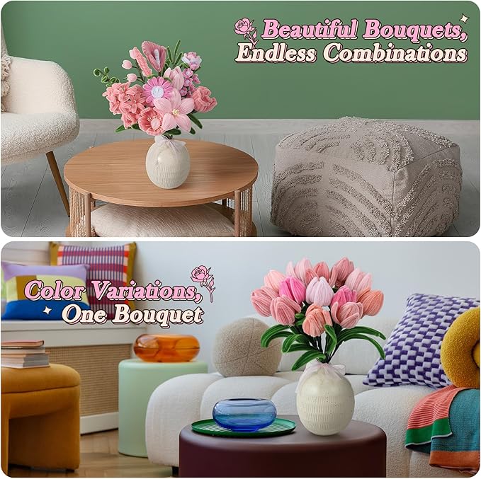 540Pcs Pipe Cleaners Craft, 6 Colors Pipe Cleaners Bulk with 15 Designs Guiding Book, Flower Making Kit with Chenille Stems, Floral Wires & Tape, DIY Bouquets and Party Decorations, (Pink, 12in x 7mm)