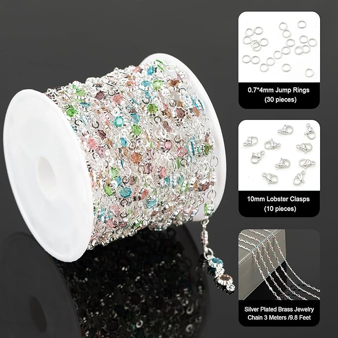 YOUBEIYEE 3 Yard Colorful Rhinestone Jewelry Chain for Jewelry Making Silver Plated Brass Chains Bulk with Jump Rings and Lobster Clasps