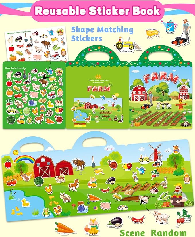walenced reusable sticker book for toddlers, stickers for kids, toddler craft activities, toddler travel toys ages 3 and up boy girl birthday gifts