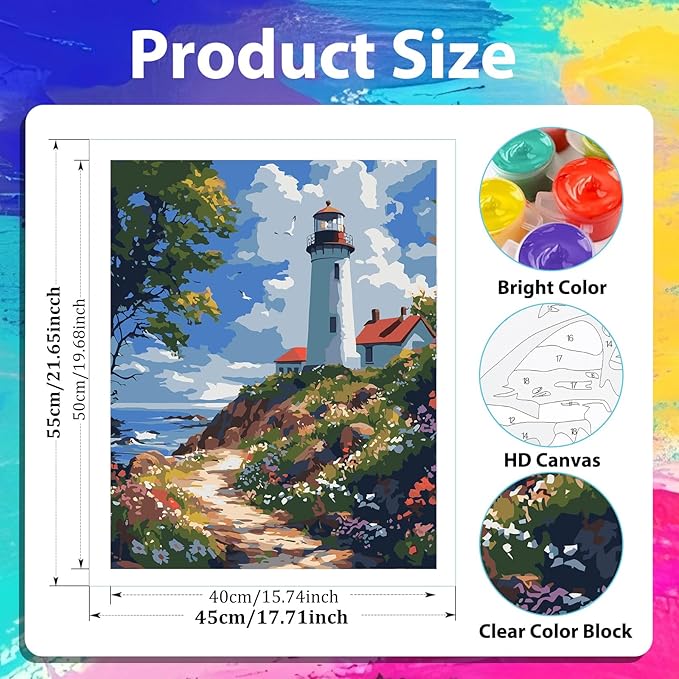 xcemhil Lighthouse Paint by Numbers Kit for Adults Beginner, Lighthouse Paint by Number for Adult, Acrylic Paint by Numbers Kits Suitable for Home Wall Art Decor Gifts 16x20 Inch