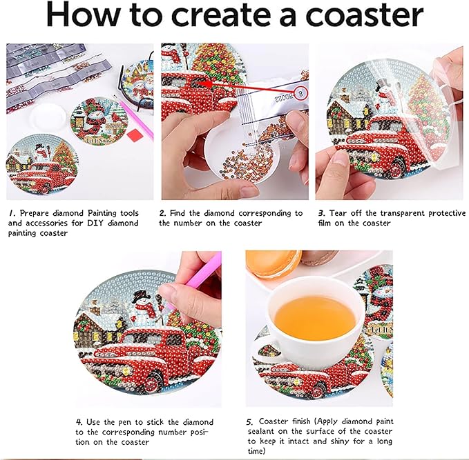 8 PCS Christmas Diamond Art Coasters Winter Diamond Painting Coasters Kits with Holder DIY for Beginners, Adults, Diamonds Art Crafts Supplies