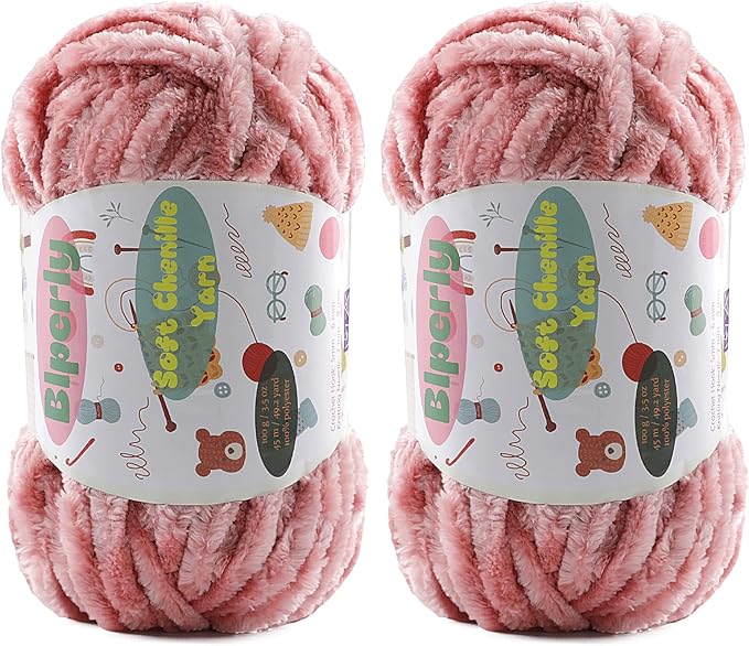 2 * 100g Fluffy Chenille Yarn for Crocheting - Chunky Velvet Yarn for Scarves Shawls, Baby Blankets, Hats Plush Toys, Plush Yarns Each Skein 49.2yd, (2, Peach Pink)