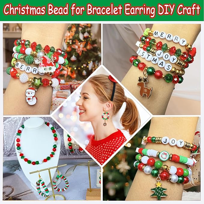 3140PCS Christmas Beads for Bracelets Jewelry Making Kit, Christmas Tree Snowflake Charms, Red Green Xmas Clay Beads Assorted Acrylic Crystal Round Pearl Star Spacer Bead for DIY Crafts Necklace