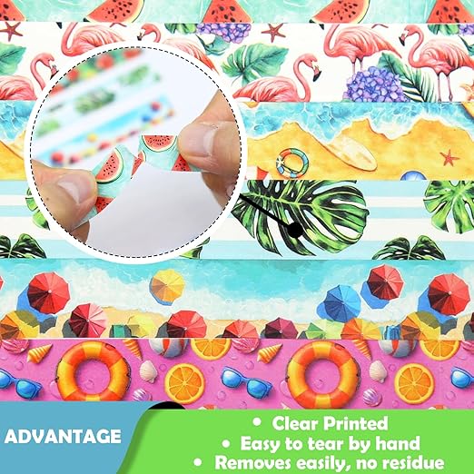 12 Rolls Summer Washi Tape Set, Hawaii Beach Holiday Decorative Tape Flamingo Tropical Fruits Leaves Watermelon Watercolor Masking Tape for Journaling Supplies,Gift Wrapping, DIY Art & Crafts