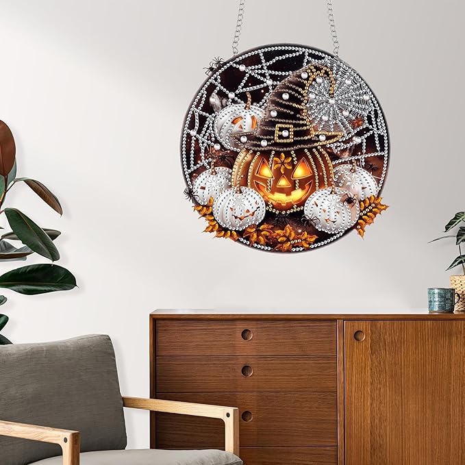 Reofrey Hanging Diamond Art Kits for Adults - 8x8 Inch Halloween Pumpkin Acrylic Board Double Sided Pattern Diamond Art Suncatcher Pendant, Crystal Art for Home Wall Windows Decoration Handmade Gift