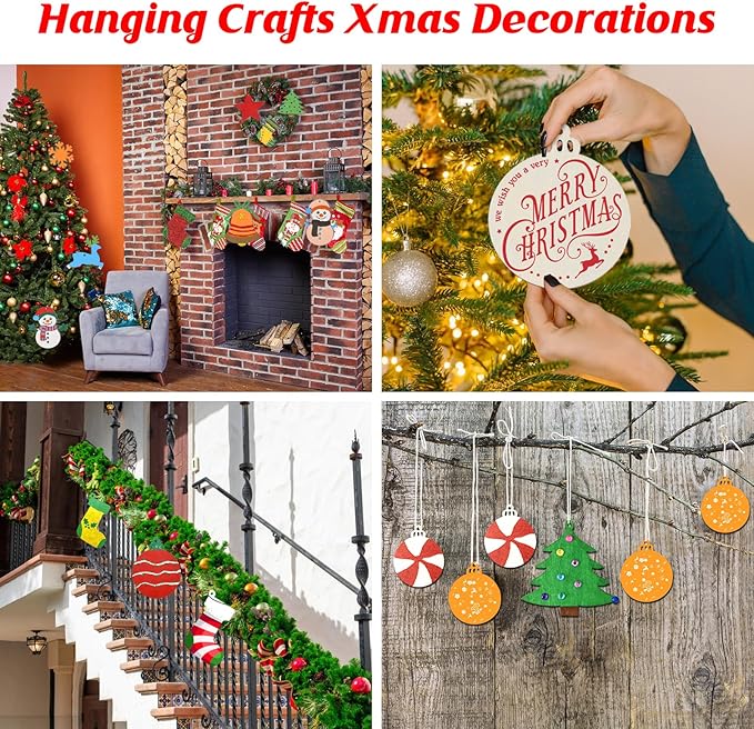 Christmas Ornaments Craft Kit, 48 Pcs Blank Wood Slices for Painting with Paint Pens and Brushes, DIY Wooden Christmas Ornament Set for Tree Decorations, Family Holiday Activities and Gifts