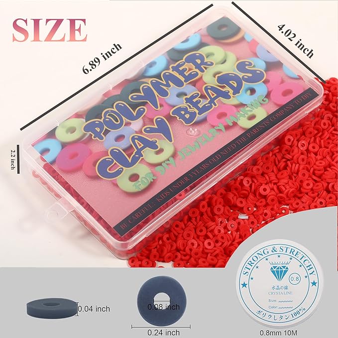 4000 Pcs Clay Beads for Bracelets Making, Polymer Spacer Flat DIY for Jewelry Necklace Earring Making Kit, Preppy Aesthetic Heishi Heshie Thin Disk Beads Assortments Set 4 6 8MM (Red, 6MM)