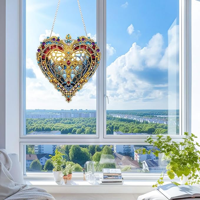 KEYIFA Diamond Painting Kit, DIY Heart Cross Diamond Art Hanging for Adults Beginner, Gem Arts Pendant Special Shaped Rhinestone Window Ornaments Wall Door Garden Decoration Gift, Double Sided
