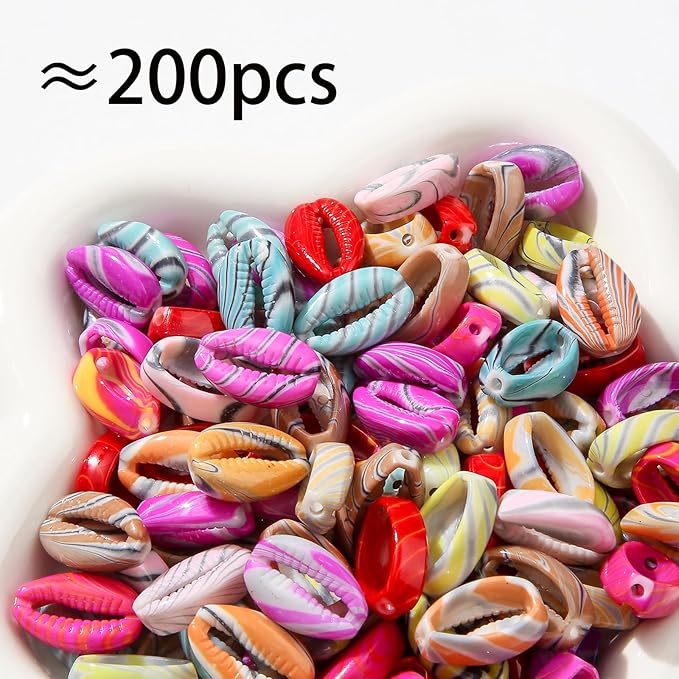 200pcs Acrylic Shell Beads Color Shell Bead Ocean Sea Theme Beads Summer Hawaii Beaded for Jewelry Making Beading Kit Bracelets DIY Supplies (Color line Shell)