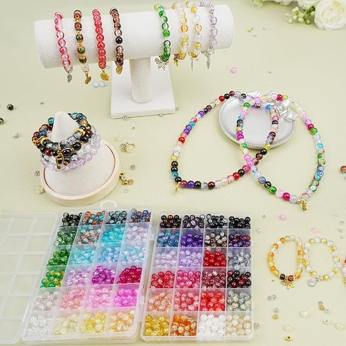 Hanyoung 8mm Glass Beads for Bracelet Making kit,48 Colors 1450 pcs Crackle Glass Beads for Jewelry Making, Crystal Round Bracelet kit for DIY Craft Gifts (Crackle Color)