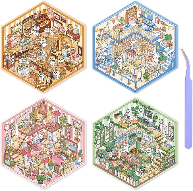 DIY 3D House Scene Stickers - 4 Sets, Warm Home, Supermarket, Bakery, Flower Shop,Cute Fun Stacking Miniature Cartoon for Adult Kids Relief Stress Pass The Time