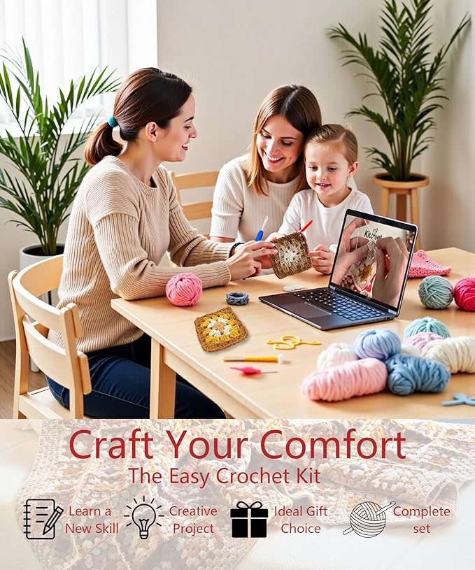 Kitcroet Crochet Kit, Complete Starter Kit for Beginners, Large Granny Squares Blanket with Video & Writtern Instructions, Easy to Learn Crochet Kit